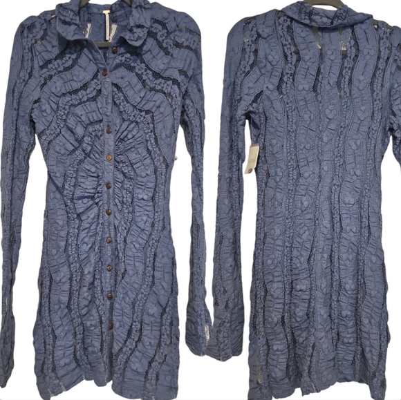 Free People Women's Shayla Lace Long sleeves Button Front Mini Casual Boho Dress - Picture 5 of 12